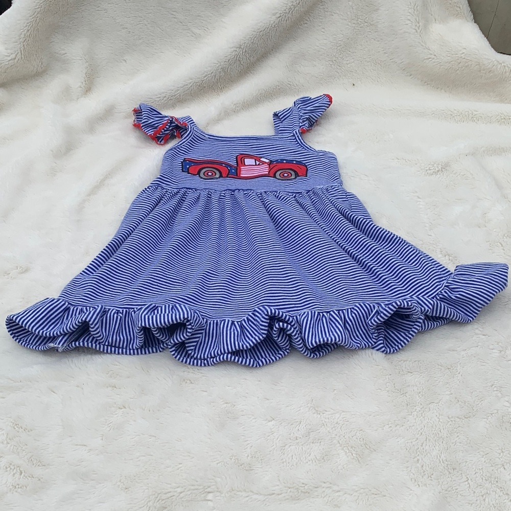 Blue Striped Kids Dress with Red Truck Design